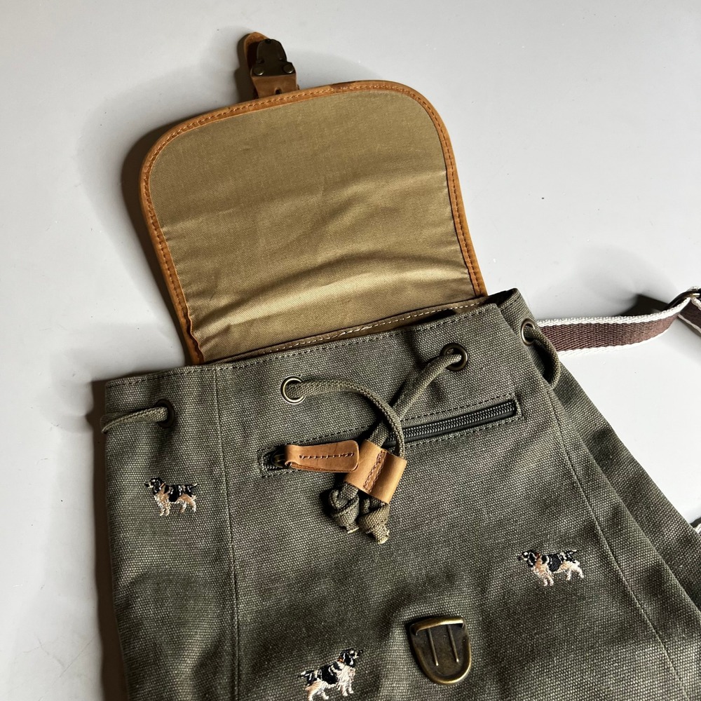 LL Bean Olive Canvas Dog Embroidered Rucksack Leather Flap Backpack Spaniel - Picture 4 of 8